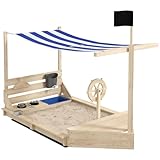 Outsunny Sandkasten Sandkiste groß mit Abdeckung im Schiff Design Matschekiste aus Holz Segelschiff Spielhaus mit Küchenspielset Aufbewahrung für Kinder 3-7 Jahre Naturholz 180 x 103 x 144,5 cm