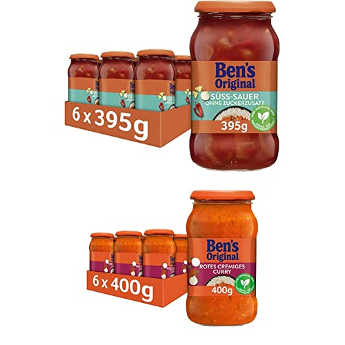 Ben's Original Sauce - Multipack - Süß-Sauer ohne Zuckerzusatz (6 x 395g) I Rotes Cremiges Curry (6 x 400g), 12 Gläser (6 x 395g I 6 x 400g)
