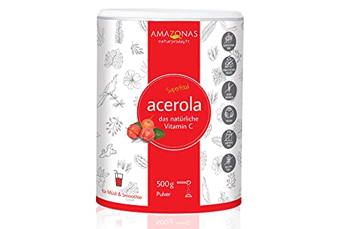 Acerola Pulver von Amazonas Naturprodukte - Natürliches Vitamin C aus ganzen Acerola Kirschen | Vitamin C Haushalt auffüllen | Ohne Gentechnik oder zusätzlichen Aromen | Vegan | 500 g