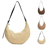 Stroh Gewebte Tasche Damen, Sommer Straw Strandtasche Handgewebte Schultertasche Handtasche Schulter Crossbody Knödel Tasche-Beige