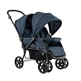 LIFEZEAL Faltbarer Doppelkinderwagen für Zwillinge, Kinderwagen 2-Sitzer mit verstellbarer Rückenlehne, Mobiler Geschwisterwagen mit Bremsen, Belastung 15 + 15 kg (Blau)