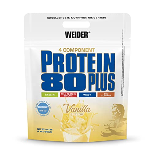Weider Protein 80 Plus Eiweißpulver, Vanille, Low-Carb, Mehrkomponenten Casein Whey Mix für Proteinshakes, 2kg
