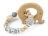 kleinerStorch Baby Holz Rassel personalisiert mit Namen | VIELE MODELLE | Mädchen & Jungen Lernspielzeug als Geschenk zur Geburt, Taufe - Handmade (Elefant)