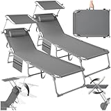 tectake® 2er Set Sonnenliege klappbar und tragbar, Liege mit Seitentasche, Strandliege, Gartenliege mit Dach, Liegestuhl mit Verstellbarer Rückenlehne, Kopfkissen - für Balkon, Terrasse (grau)