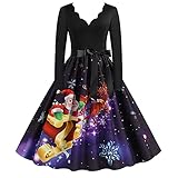 MINYA Weihnachten Abendkleid Damen Vintage Kleid Cocktailkleid bedruckt Weihnachten 1950er Jahre Abendkleid Ballkleid Herbst Winter Langarm Kleidung Damen Chic Elegant Vintage Tunika Rock A-Linie