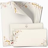 10 Briefpapier und Briefumschlag SET | Hell Beige Gelb Blumen Frühling | Papier und Umschlag mit Design-Motiv bedruckt | 90 g/m²
