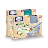 Toppits 2er Set wiederverwendbare Silikonbeutel 1l + 1,5l mit Standboden, mikrowellengeeignet, spülmaschinenfest