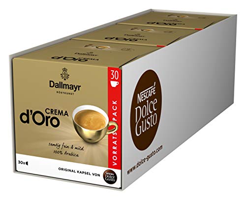 NESCAFÉ Dolce Gusto Dallmayr Crema d´Oro, XXL-Vorratsbox, 90 Kaffeekapseln, 100% Arabica-Bohnen, Feine Crema und vollmundiges Aroma, Aromaversiegelte Kapseln, 3er Pack (3 x 30 Kapseln)