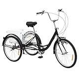 Fyssnn 24 Zoll Dreirad Für Erwachsene Cityräder 6-Gang Fahrrad Dreirad Mit Einkaufskorb und Licht Erwachsene Höhenverstellbar Geeignet für Städte Strände Radwege und alle Arten von Straßen (Schwarz)
