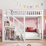 YLSZHY Hochbett 140 x 200 cm mit Aufbewahrungsleitern, Massivholzgestell für Kinder mit Spielbereich und Sicherheitsgeländern, platzsparend (E-140 x 200 cm)