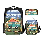 JIPOFD Happy Camper Rucksack-Büchertaschen-Set mit Lunchtasche und Federmäppchen, großes Fassungsvermögen, Rucksack mit Lunchtasche, Schwarz, Einheitsgröße
