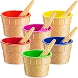 JoyServe Eisschalen und Löffel Set - (6 Stück) Wiederverwendbare Kunststoff-Eisbecher und Waffelkegelförmige Löffel für Dessert, gefrorenen Joghurt, Gelato, Geburtstagsparty-Dekorationen
