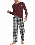 Ekouaer Pyjama Lang Herren Schlafanzug Set Baumwolle Nachtwäsche Langarm Shirt mit Tasche Pyjamahose Zweiteilig Dunkelrot XL