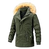 Warmer Herren-Wintermantel, Kunstfell-Kapuze, Fleece-Jacken, winddicht, dick, schwer, durchgehender Reißverschluss, für Schnee und Ski, grün, L