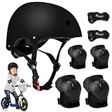 mizikuu Knieschoner Kinder mit Helm, 7 in 1 Kinder Schutzausrüstung Set Verstellbare Ellenbogenschoner und Handgelenkschoner Inliner Schützer Protektoren für Fahrrad Skateboard Rollschuh, Schwarz