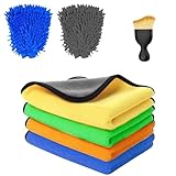 zgpzlhd Autopflege Set mit 4 Mikrofasertüchern Auto & 2 Mikrofaser Waschhandschuhe & 1 Auto Innenreinigung Weiche Bürsten, 600GSM Auto Trockentuch für Haushalt Autowäsche Trocknen, Kratzfreies