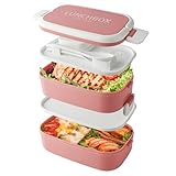 Bento Lunch Box stapelbar, 1400ml Behälter mit 4 Fächern und Besteck, auslaufsichere 2-Schicht-Boxen, für Erwachsene Kinder Büro, Mikrowelle spülmaschinenfest (Rosa)