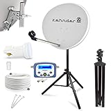 Digitale Camping Sat Anlage Spiegel 60 cm Single LNB 0,1 dB + 10m Kabel + Sat Finder + Dreibein Stativ Kabel Balkon Caravan Mobil Schüssel Antenne HD UHD 4K geeignet h