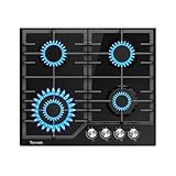 TOPWISH Gaskochfeld 4 flammig, Einbau Gaskochfeld 60cm, Gaskochfelder, Glasherd mit Gusseisernen Stützen, NG/LPG Konvertierbar, Glas Gaskochfeld, Automatischer Thermoelementschutz, 8000 Watt