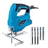 Stichsäge, KATSU 400W Elektro Stichsäge mit 5 Klingen, 0~3000 RPM, Schnittwinkel ± 45°, Variablen Geschwindigkeiten, zum Schneiden von Kunststoff, Holz, Stahl (Budget)