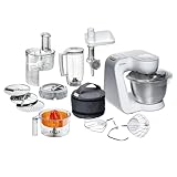 Bosch Küchenmaschine Serie 4 MUM54251, Schüssel 3,9 L, Mixer 1,25 L, Fleischwolf, Zitruspresse, Würfelschneider, Knethaken, Schlag-, Rührbesen, Durchlaufschnitzler, 3 Scheiben, 900 W, Weiß/Silber
