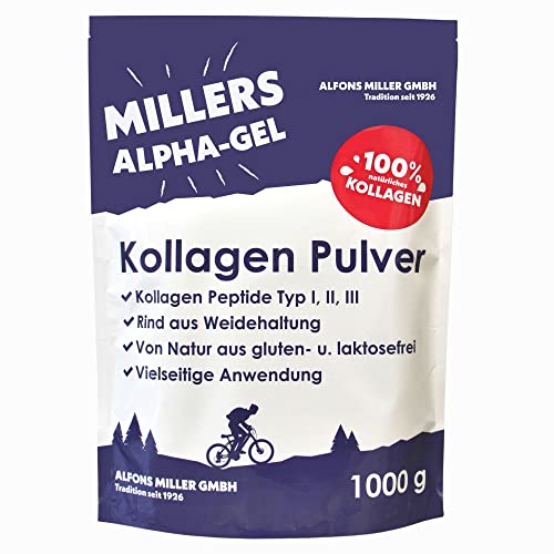 100% reines Kollagen Pulver I Kollagen Hydrolysat Peptide Typ 1, 2, 3 I Collagen Protein Pulver I Millers Alpha-Gel 1000 g I Ohne Zusatzstoffe I in Deutschland hergestellt