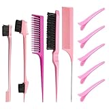 Scettar 5 Stück Sleek Bun Bürste Für Sleek Zopf,sleek bürste with 5 Clips,Styling Kamm HaarbüRste Set und Rattenschwanz Kamm, toupierbürste Set Sleek Zopf Bürste für Friseurin Frauen Kinder(Rosa)