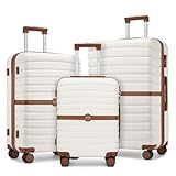 KONO Koffer Reisekoffer Trolley Kofferset 3 Teilig von ABS+PC Hartschalenkoffer mit Zwillingsrollen und Zahlenschloss(Creme/Braun, Kofferset)