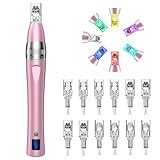 Robofun Elektrische Microneedling Pen mit 7 Farben Licht, 5 Stufen, 12 Patronen, Wiederaufladbar Kabellos Mikronadel Stift - Rosa