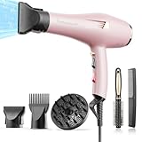 Dekuri Föhn Ionen, Profi Fön Haartrockner Hair Dryer Haarföhn mit 1 Diffusor 2 Stylingdüse, 3 Heiz und 2 Geschwindigkeitsstufen, 2,5 Meter langes Netzkabel, Starker Fön für Familie, Rosenpink