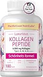 Natural Hochdosiert Kollagen Kapseln Testsieger - 5000 mg Pro Portion, 3 Monate Vorrat, mit Vitamin C, Gentechnikfrei, Glutenfrei, mit Gras Gefüttert, für Haut, Haare, Knochen, Gelenke(180 Kapseln)