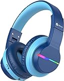 iClever Bluetooth Kinder Kopfhörer, Farbige LED-Leuchten, Kinderkopfhörer Over-Ear mit 74/85/94dB Lautstärkebegrenzung, 55 Stunden Spielzeit, Bluetooth 5.2, eingebautes Mikrofon BTH12 (Blua)
