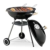 Relaxdays Kugelgrill, Ø 54 cm Grillrost, Outdoor BBQ, Holzkohlgrill m. Rädern & Standfuß, Auffangschale, Smoker, schwarz
