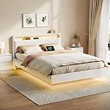 VASAGLE Bettgestell, Doppelbettgestell, 140 x 200 cm, schwebender visueller Effekt, Bett mit LED-Beleuchtung, hohem Kopfteil, Ladestation, modern, wolkenweiß RMB864W01