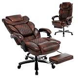 KCREAM Bürostuhl 200kg Belastbarkeit, Ergonomischer Chefsessel mit Fußstütze, Großer Bürostuhl Drehstuhl mit Rollen, PU Leder Chefsessel mit Verstellbarer Lendenwirbelstütze, Braun