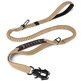 Joytale Taktische Hundeleine, 1.2m-1.8m Bungee Hundeleine Reflektierend mit 2 Gepolsterten Griffen, Autosicherheitsgurt, Leine Hund ohne Zugkraft für Mittelgroße, Große, X-Große Hunde, Coyote Braun