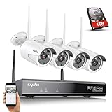 WLAN überwachungskamera Set mit Audioaufnehmen，SANNCE 5MP 10CH Wireless NVR + 4x3MP Kabellose Outdoor überwachungskamera mit 1TB Festplatte AI Human Detection IP66 Wasserdicht unterstützt Amazon Alexa