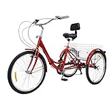 Owneed Dreirad mit Einkaufskorb 24 Zoll 6 Geschwindigkeit Erwachsene 3 Rad Fahrrad Lastenfahrrad für Senioren Frauen Männer