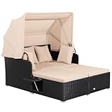 COSTWAY Sonnenliege Rattan für 2 Personen, Gartenliege mit Dach, Auflage, Kissen & ausklappbaren Seitentischen, Sonneninsel, Doppelliege, Sonnenbett, Loungebett für Garten, Terrasse (Gelblich)