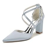 HFWXYSA Damen Blockabsatz 8,5 cm Brautschuhe Strass Knöchelriemen Spitze Zehen Satin Party Brautschuhe Pumps,Silber,43 EU