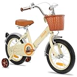 STITCH 14 Zoll Kinderfahrrad für 3 4 5 Jahre Mädchen, Kinderfahrrad mit Vorderkorb & Stützrädern für 3-5 Jahre Kinder,Beige