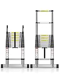 TECKNET Teleskopleiter 3,8m, Belastung 150kg/ 330lbs, Aluleiter Ausziehbar mit Stabilisatorstange und abnehmbaren Haken, Mehrzweckleiter für Dachboden Büro Wohnmobil Klettern (3.8M / 12.5ft)