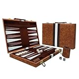 NEWFUN 15 Zoll Backgammon，Backgammon Holz，Backgammon Koffer，Backgammon-Set, Brettspiel mit hochwertigem Lederetui mit Würfelbecher, tragbares und für Erwachsene Brettspiel