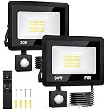 30W LED Strahler mit Bewegungsmelder, 2 Stück 6500K Außenlampe mit Fernbedienung, Kaltweiß Superhell Fluter Scheinwerfer Licht, IP66 Wasserdicht Außenbeleuchtung Lampe Detector für Innenhöfe, Garden
