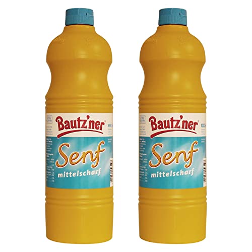 BAUTZ‘NER Senf mittelscharf – 2er Set (2x1000 ml) Flasche Mittelscharfer Senf– Original Bautz‘ner Rezeptur seit 1955 – Ohne Zusatz von Konservierungsstoffen und Geschmacksverstärkern – Senf