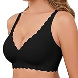 Vancavoo BH Damen Ohne Bügel Nahtloser Seamless V-Ausschnitt Bügelloser Push Up Bustier Soft T Shirt Schlaf Bra mit Zusätzlicher BH-Verlängerung,Schwarz,L