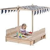 Outsunny Sandkasten Sandkiste aus Holz für Garten Sandkasten mit Dach Felix Kindersandkasten mit Dach abnehmbar Rücklehnen verstellbar Tannenholz 3-7 Jahren 106 x 106 x 115 cm Natur