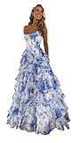 TräGerloses Korsett-Ballkleid FüR Frauen Lang A-LinieB allkleid Aus Chiffon Gestuftes Abendkleid Mit Schlitz Blue White M