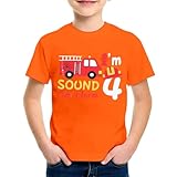 SUPTTING Jungen T-Shirt 4 Feuerwehrauto Aufdruck Sound The Alarm Kurzarm Oberteil Rundhals Shirt Kindergeburtstag Outfit Freizeitshirt Top Geburtstagsshirt Kinderbekleidung Feuerwehrmann