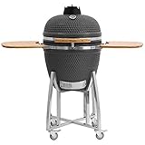 BBQ-Toro Kamado Grill Ø 52 cm 'KURO', Grau | Holzkohlegrill mit Bambusablage, Thermometer, Holzgriff, Rollen | Keramikgrill Kamado, Keramik Grill mit Aktivbelüftung, Grill mit Ablage